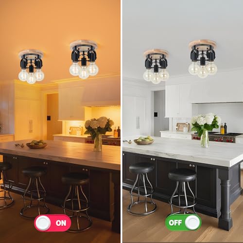 Image of 3-Light Round Flush Mount Ceiling Light,Rustic Ceiling Track Lighting with Wooden Base, Adjustable Multi-Directional Kitchen Light fixtures for Dining Room Hallway Entryway Bedroom.