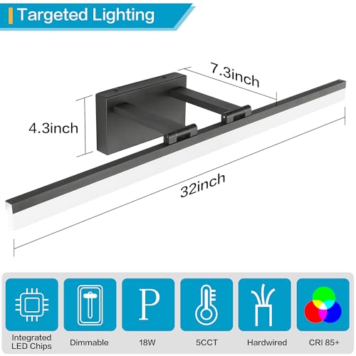 Image of SOLFART 31.5 Inch 5 Color Adjustable Vanity Lights Over Mirror Vanity Lighting Fixtures for Bath Matt Black Bathroom Light Fixtures Over Mirror Black Led Modern Light Bar 5CCT