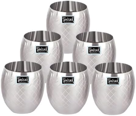 ONLY TANISHK Stainless Steel Glass Set of 6 | Crystal Designer Water Juice Serving Glasses for Home Dining | 260 ML Capacity | Unbreakable Steel Ka Glass Set | Paani Ke Gilass | Steel Water Tumbler