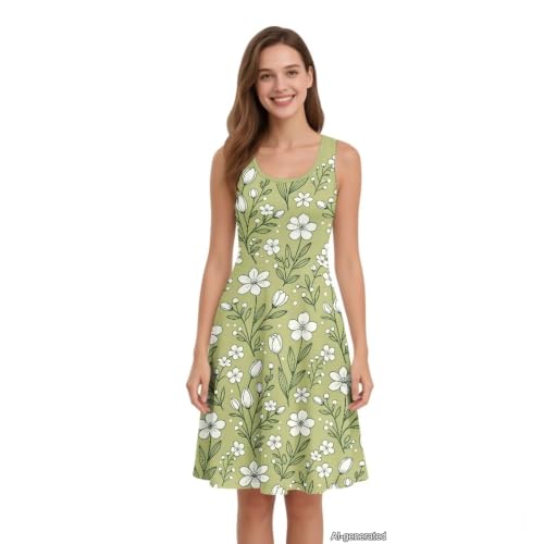 Image of Women Stylish Tank Dresses Sleeveless Round Neck Midi Casual Dress with Pocket for Summer