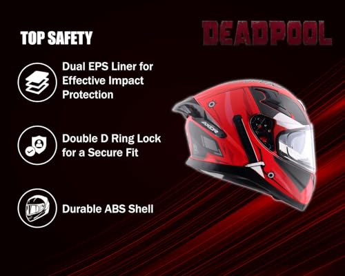 Image of Axor Apex Marvel Deadpool ISI ECE DOT Certified Full Face Dual Visor Helmet for Men and Women Dull Red Black-L