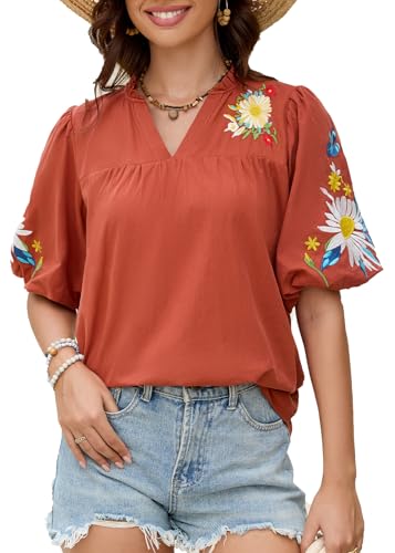 Women's Boho Floral Embroidered Blouse Casual V-Neck Puff Short