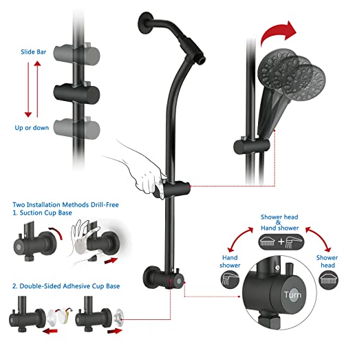 Regadera de lluvia de 8 pulgadas con pulverizador manual de alta presión, barra deslizante sin perforación y brazo extensible ajustable, divisor de 3 vías para fácil alcance, manguera de 5 pies - Negro mate miniatura 2
