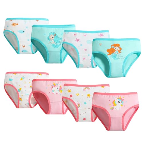 FILOWA Culotte Niña Bragas de Algodón Paquete de 8 Braguitas Unicornio Sirena Estampado Slips Elásticos Calzoncillos Rosa Cómodas Boxers con Animales Dibujos Ropa Interior para Infantil 8-10 Años