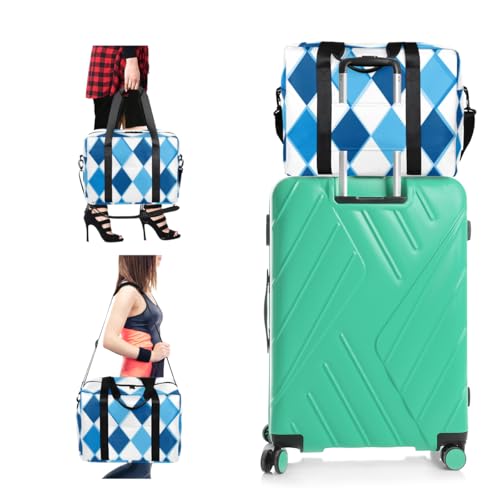 Blue Rhombus Travel Duffel Bag for Men Women White Argyle Sports Gym Bag Waterproof Weekender Overnight Bags Foldable Carry on Backpack for Swim Yoga Fitness Workout4