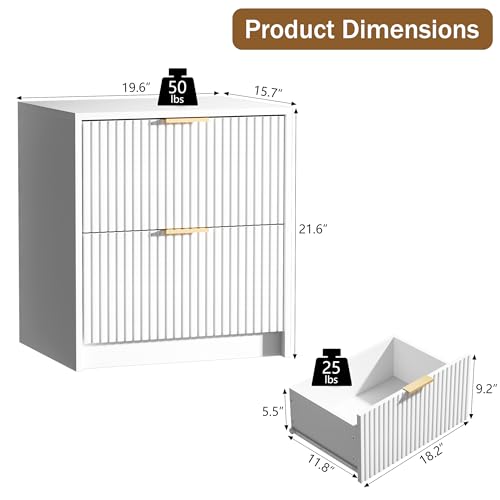 Image of Furniway Nightstands Set of 2, Fluted Nightstand with Gold Metal Handles and 2 Drawers, Modern Bedside Table, 19.6 inch Wide Wood End Table for Bedroom, White