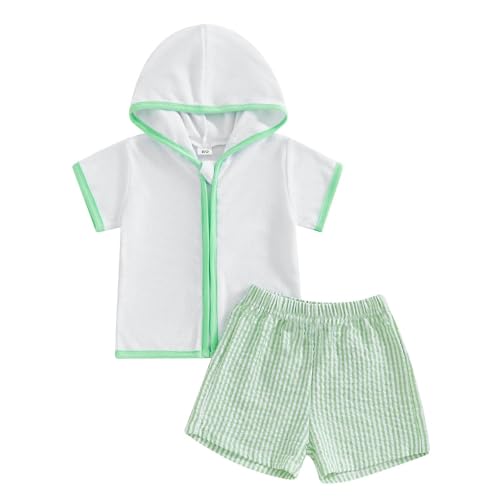 Toddler Boys and Girls Swim Seersucker Cover Ups Towel Thick Zipper Hoodies Shorts Set Beach Swimsuit Set - Main Image