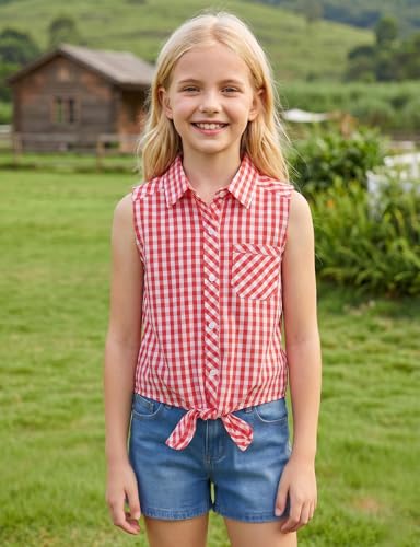 Image of Noomelfish Girls Sleeveless Button Down Shirt Tie Knot Blouse Western Cowgirl Outfit (5-12 Years)
