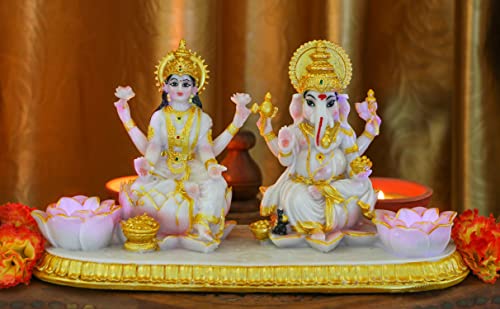 Estatua de Ganesha y Lakshmi 5.3 in acabado marmol miniatura 5