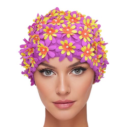 Medifier Bonnet de bain à fleurs avec pétales pour femme Style rétro , violet