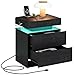 LIKIMIO Night Stand with Charging Station, Modern Black Nightstand with LED Light and Drawers, Bedside Tables/End Table for Bedroom