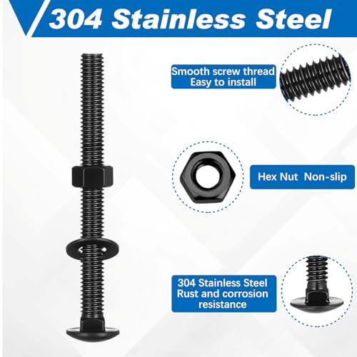 Image of Zonon 50 Sets 1 /4-20 x 3 Stainless Steel Carriage Bolts and Nuts Kit Round Head Square Neck Carriage Bolts Screws and Hex Nuts and Flat Washers, Stainless 18-8 Full Thread Coverage (Black)