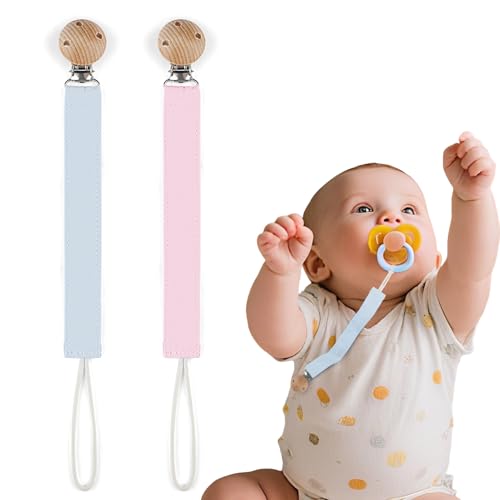 Aihoom - Juego de 2 chupetes de algodón para bebé, con clip seguro sin BPA, accesorios para chupetes, regalo de nacimiento, colores rosa y azul