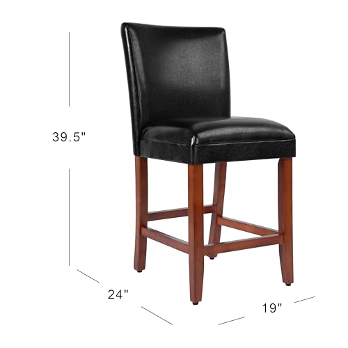 Butaco HomePop de 24 pulgadas, tapizado en cuero sintético negro, con patas de madera acabado cerezo miniatura 3