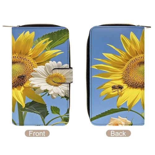 Bees Sunflowers Daisy Rose Flowers Leather Wallet Long Checkbook Wallets Classic Bifold Ladies Clutch with ID Window3