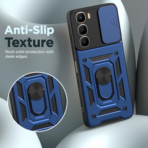 Image of Pikkme Back Cover for Infinix Hot 60 5G | 360 Protection Case | Sliding Camera Shield Cover & Ring Holder Stand D10 Tough Armor Bumper Case (Blue)