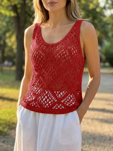 Image of Imily Bela Womens Summer Crochet Tank Tops Knit Sleeveless Sweater Vest | Boho Scoop Neck Tops Casual, Hollow Out Beach Cover Ups, Country Concert Outfits Vacation, Resort Wear, Loose Fit