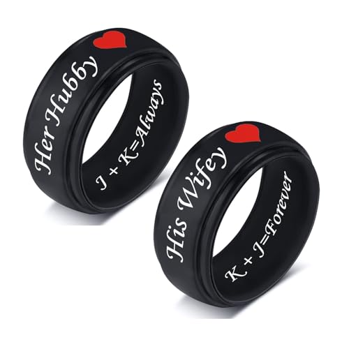 Couple Cute Love Red Heart Silicone Rings Couples Rings Free Engraved Black and White Silicone Wedding Bands Gift Promise Engagement Ring Bridal Sets, Width 8MM Size 6 to 14