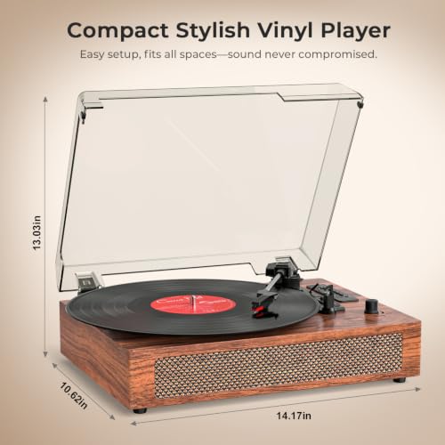 Image of Vinyl Record Player Vintage Turntable with Built-in Stereo Speakers, Bluetooth, USB Recording & Playback, 3-Speed Belt Drive Turntable for Vinyl Records, AUX,RCA Ouptut -Retro Wood