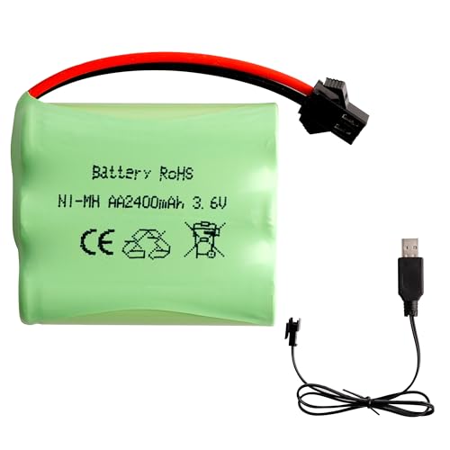 E-YIIVIIL 3.6V 2400MAH AA NiMH Rechargeable Battery Pack with SM-2P Black 2 Pin Connector Plug and USB Charger Cable for Remote Control Toys, Power Tools, Household appliances