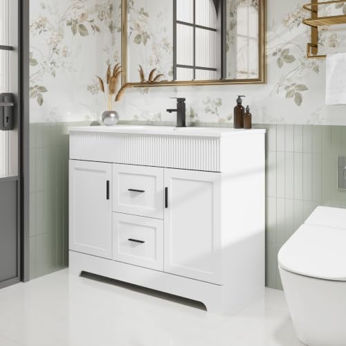 Image of eclife 42 inch Bathroom Vanities Sink Combo with Painted Surface, Modern Drawered Cabinet W /Decorative Wave Lines, Undermount Single White Sink, Matte Black Faucet Drain, White