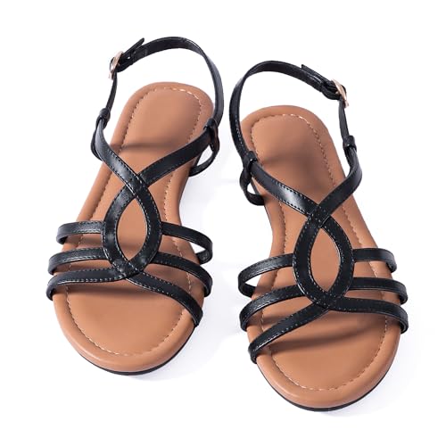 Mtzyoa Women Strappy Flat Sandals Gladiator Black Size 8 Dressy Ankle Strap Summer Vacation Comfort Leather Ladies Casual Party Trendy