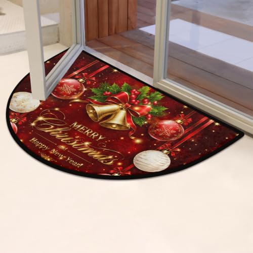 Image of Half Round Doormat Washable Kitchen Semi Circle Rug xmas Bell Holly ball