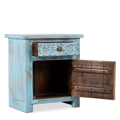 Image of Wooden Bedside Table for Bedroom with Drawers | Solid Wood Handcrafted Bed Side Table with Drawers | Side Table for Living Room | Traditional Rajasthani Art (Blue Distress)