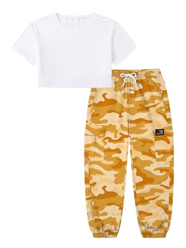 Image of Betusline Girls 2 Piece Set, White Print Cute Short Sleeve Crop Tops + Yellow Camo Cargo Jogger Pants Clothes, 7-8Y = Tag 140
