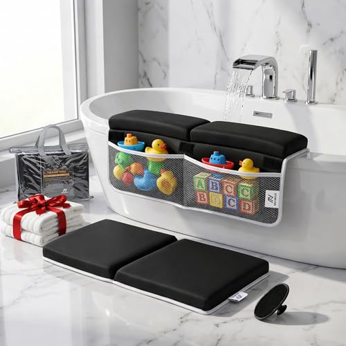 Image of Mohmoud Baby Bath Kneeler & Elbow Rest Pad Set | Extra Thick 1.5” Foam that Relieves Knee & Elbow Pressure | Non-Slip Suction Stability | Machine Washable, Quick-Dry | Brush & Washcloth Gift Included