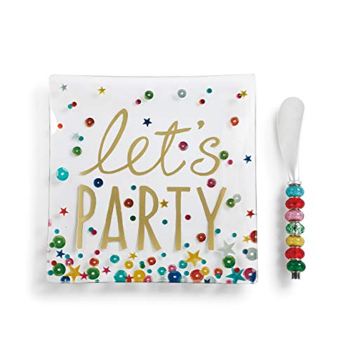 Let's Party Multicolored 6 x 6 Glass and Metal Christmas Plate and Spreader Set