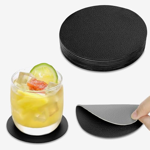 AMFUN Untersetzer Gläser 15er Set, Doppelseitigen Leder Untersetzer, Rund rutschfest Glasuntersetzer, rutschfest Abwaschbare Getränkeuntersetzer(Schwarz + Grau)
