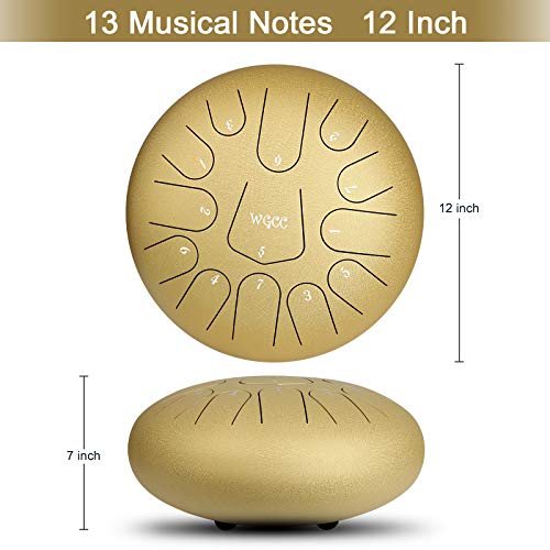 Steel Tongue Drum, 13 Notes 12 inches Hand Tongue Drum Percussion Instrument Lotus Pan Drum with Drum Mallets Carry Bag (Gold) - Thumbnail 3