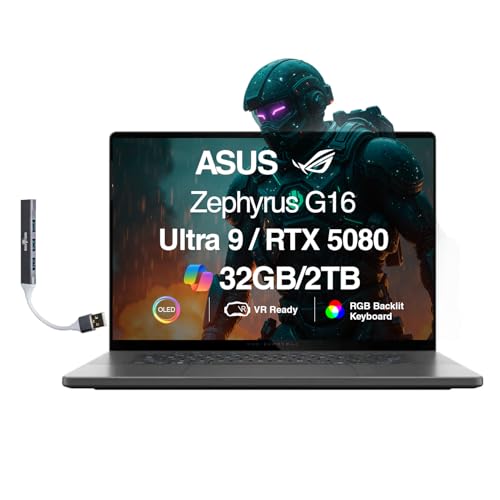Image of ASUS ROG Zephyrus G16 AI Gaming Laptop 16.0 inch ROG Nebula OLED FHD+ Display (Intel Ultra 9-285H, GeForce RTX 5080 16GB, 32GB LPDDR5X, 2TB SSD, RGB KB, Wi-Fi 7, BT 5.4, Win11Pro) w /DKZ USB Port Expander
