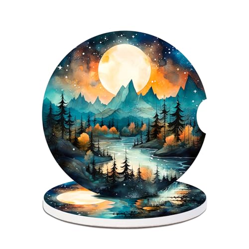 Car Cup Holder Coaster - Mountains Nature Scenery 2 Pack Absorbent for Cup Holders,Universal Anti Slip Insert Absorbent Ceramic Car Cup Holder Coaster with A Finger Notch