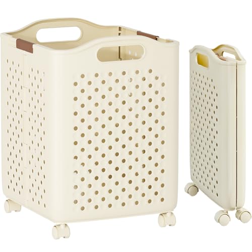 LongYi ランドリー バスケット 折り畳み 洗濯カゴ スリム 洗濯かご 折りたたみ キャスター付き ランドリーボックス 大容量 洗濯物入れ 取っ手付き 洗濯物カゴ 幅33.2×奥行36.5×高さ47cm クリームイエロー 52L