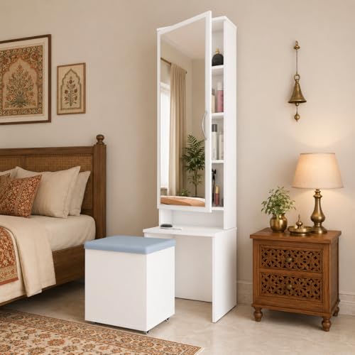 Image of Studio Kook Berry Dressing Table with Mirror & Stool, Moonshine White | Engineered wood unit with a 109 x 40 cm mirror, concealed shelves and cushioned storage stool on castors. Height: 179 cm.
