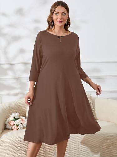Image of AusLook Women's Plus Midi Dresses Crew Neck A Line 3 /4 Sleeves Casual Elegant Loose Wedding Vacation Dress with Pockets