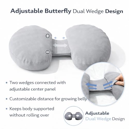 Image of H-Shaped Pregnancy Pillow for Women | Adjustable Butterfly Dual Wedge for Back, Belly & Hip Pain Relief | Ultra Soft Velvet Maternity Body Support Pillow | Washable, Travel Friendly | Grey