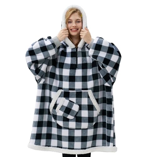 Image of Giggling Getup Wearable Blanket Hoodie for Adults Gifts for Teen Girls Sister Women Sherpa Fleece Printed Hooded Blanket Sweatshirt Warm Cozy with Pocket & Sleeves Black Plaid