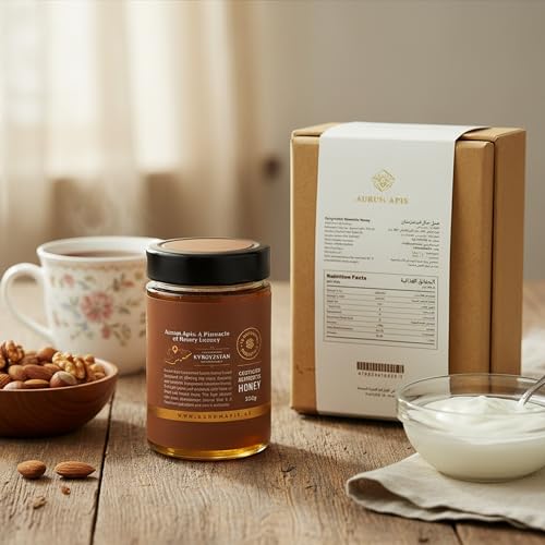 Image of Aurum Apis Raw Kyrgyzstani Mountain Honey - 100% Raw & Unfiltered Pure Honey, Hand-Harvested, Non-GMO, Naturally Sourced Certified Organic Premium Honey - 330g Honey Jar