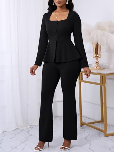 Ekaliy Women's 2 Piece Pants Suit Long Sleeve Blazer Flare Pant Set Casual Office Work Outfits3