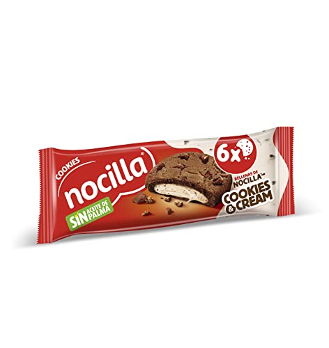Nocilla, Cookies, Cookies&Cream, Galletas de cacao con gotas de chocolate, rellenas con crema de leche y trocitos de galleta de cacao - Pack de 6 Unidades - 120g