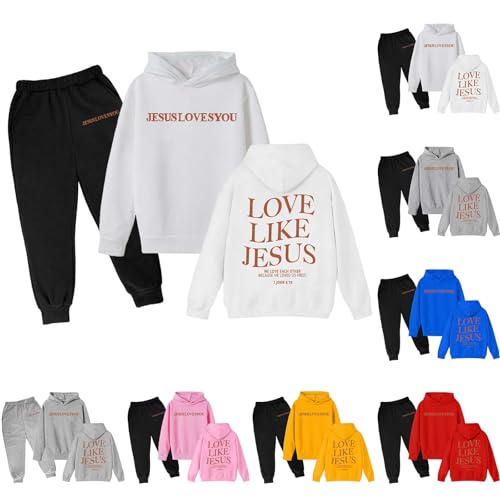 Jesus Loves You 2 Piece Outfits for Girl Christian Hoodie and Sweatpants Sweatsuits Athletic Clothing Sets with Pocket