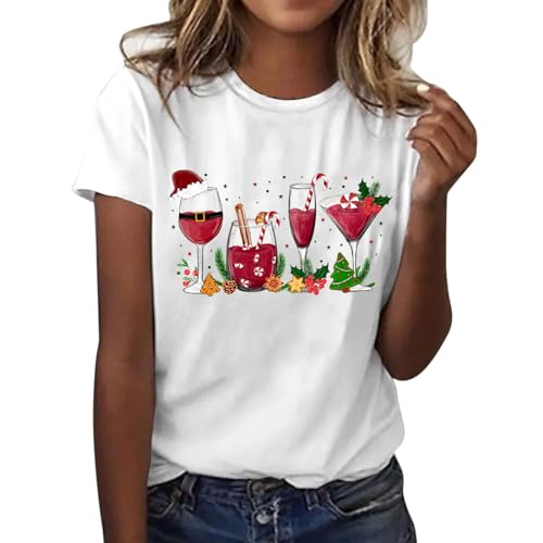 Image of Casual Women's T-Shirt with Short Sleeve Crew Neck Festive Christmas Print Loose Top for Relaxed Everyday Looks Soft Cotton Blend Versatile Basic for the Holidays, White, XL