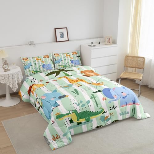 Image of Feelyou Kids Baby Jungle Animals Comforter Set Twin Size Cute Cartoon Elephant Lion Giraffe Print Child Toddler Bedding Set Nursery Kids Safari Room Decor Exotic Natural Theme Duvet Set