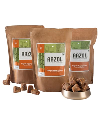 Image of Aazol Organic Jaggery Cubes: Pure Shrirampuri Gur - 1.95kg (650g - Pack of 3) | Natural & Organic | Made with Pure Desi Cow Ghee | Best Texture | Long Shelf Life
