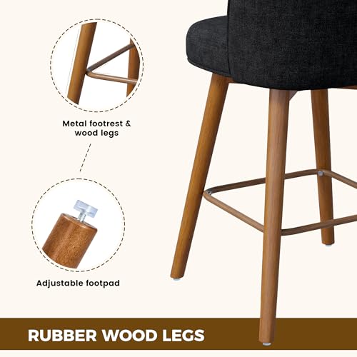 Image of Modern Swivel Bar Stools Set of 2, Chic Upholstered Counter Height(26IN) Bar Chair with Back, Solid Wood Legs and Footrest, Comfortable Chenille Bar Stool for Kitchen Island, Charcoal Black