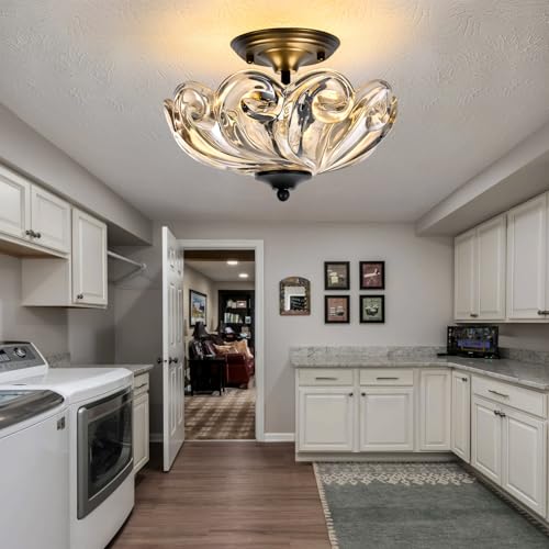 HuixuTe Modern Semi Flush Mount Ceiling Light, 3-Light Black Close to Ceiling Light Fixture with Cognac Glass Shade for Bedroom Living Room Entryway — view 3
