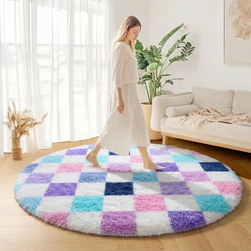 Image of KICMOR Purple Rainbow Round Rugs 5ft for Bedroom Living Room, Cute Fluffy Soft Circle Area Rug Fuzzy Shag Shaggy Carpet, Circular Checkered Rug for Teen Kids Girls Boys Nursery Home Decor Aesthetic